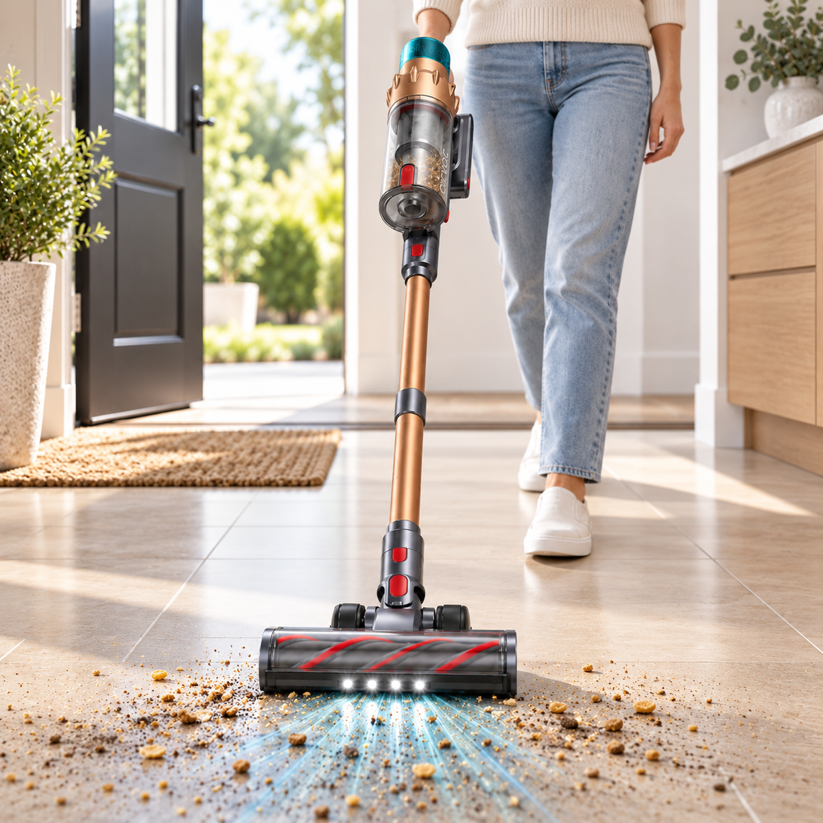 Airvac V18 saugt Müsli und Sand vom Holzboden